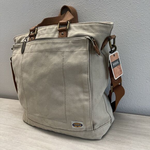 Fossil Workman CVS Canvas Utility Tote/Bag Large New Beige Brown Leather - Picture 1 of 16